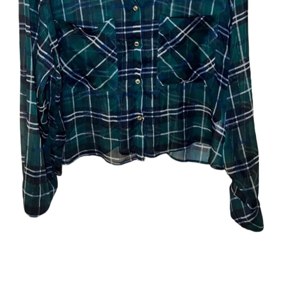 New Zara Sheer Metallic Threaded Green Plaid Cropped Blouse - Size L - Picture 5 of 15